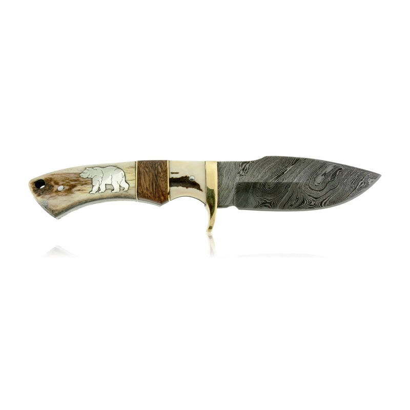 Large Damascus Hunting Knife with Antler & Sterling Silver Bear Inlay - Park City Jewelers