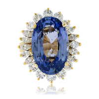 Large Oval Blue Sapphire with Round and Marquise Diamond Halo Style Ring - Park City Jewelers