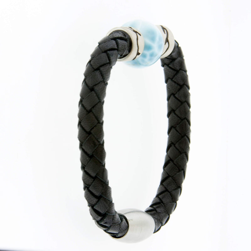Larimar & Mountain Bead on Woven Leather Sterling Silver Bracelet - Park City Jewelers