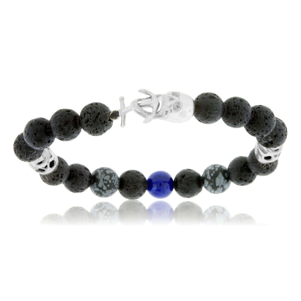 Lava Rock, Snowflake Obsidian, Lapis & Sterling Silver Skull Bracelet with Skull & Anchor Clasp - Park City Jewelers