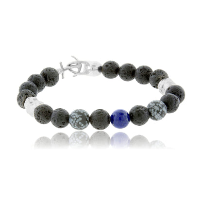 Lava Rock, Snowflake Obsidian, Lapis & Sterling Silver Skull Bracelet with Skull & Anchor Clasp - Park City Jewelers