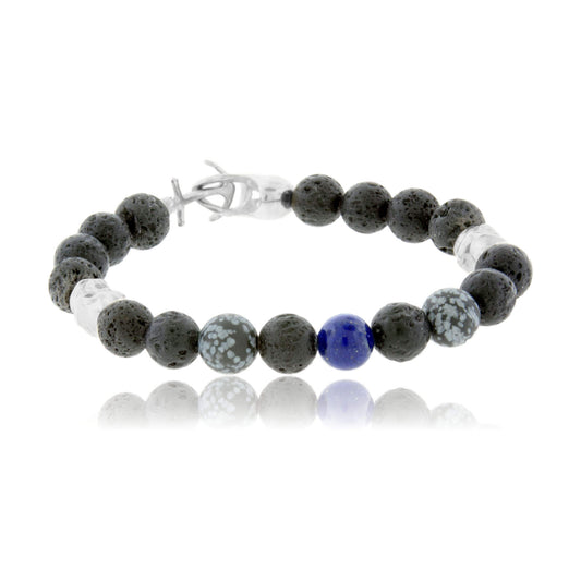 Lava Rock, Snowflake Obsidian, Lapis & Sterling Silver Skull Bracelet with Skull & Anchor Clasp - Park City Jewelers