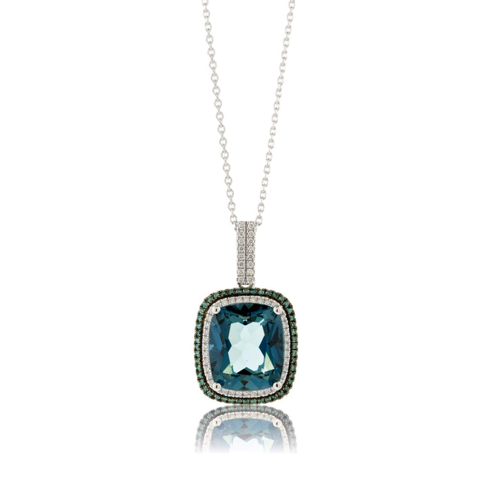 London Blue Topaz, Blue Diamond & Diamond Halo Pendant w/Chain - Park City Jewelers