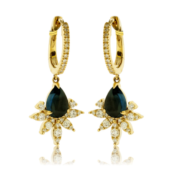 London Blue Topaz Cabochon & Diamond Burst Drop Earrings - Park City Jewelers