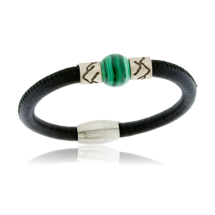 Malachite & Mountain Bead on Woven Leather Sterling Silver Bracelet - Park City Jewelers