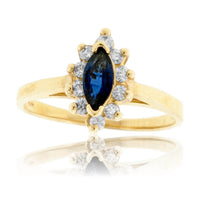 Marquise Blue Sapphire and Classic Diamond Halo Ring - Park City Jewelers