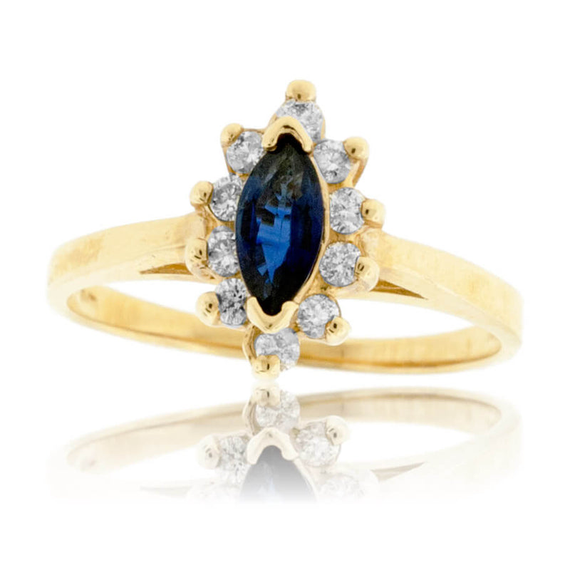 Marquise Blue Sapphire and Classic Diamond Halo Ring - Park City Jewelers