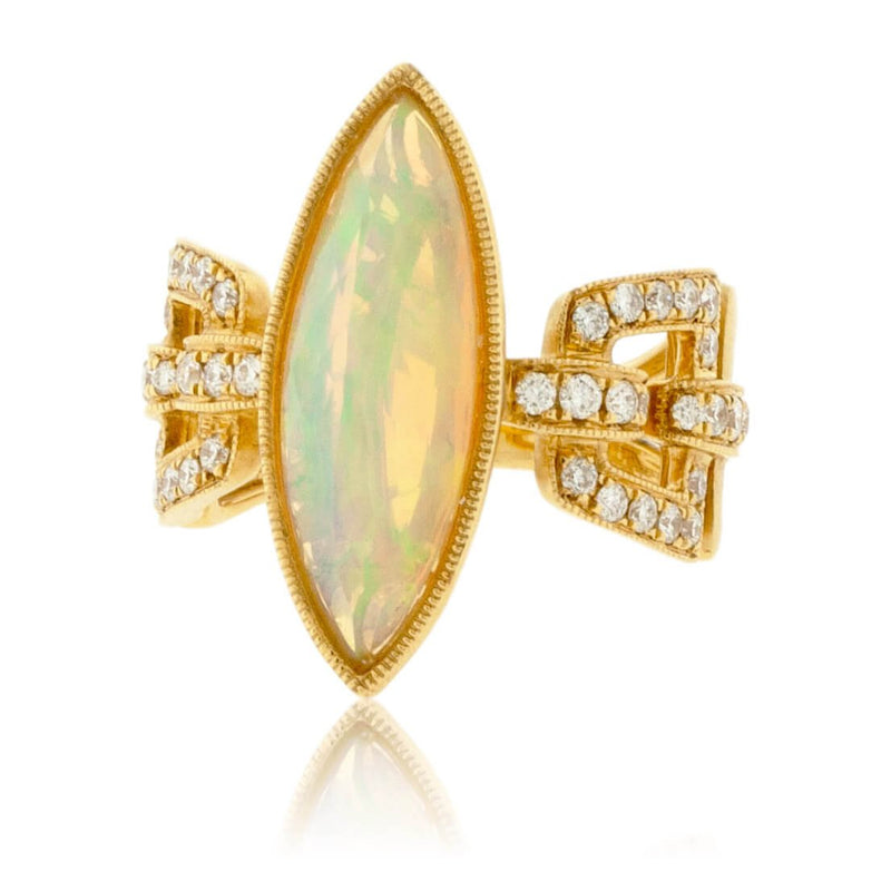 Marquise Shaped Ethiopian Opal & Halo Intricate Ring - Park City Jewelers