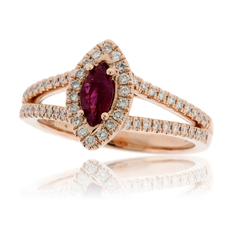 Marquise Shaped Red Emerald and Diamond Halo Style Splint Shank Ring - Park City Jewelers
