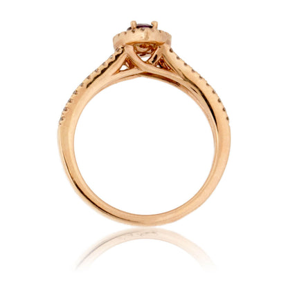 Marquise Shaped Red Emerald and Diamond Halo Style Splint Shank Ring - Park City Jewelers