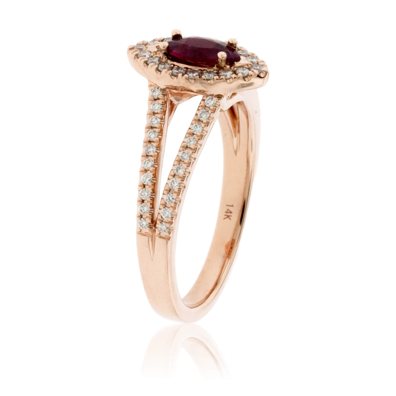 Marquise Shaped Red Emerald and Diamond Halo Style Splint Shank Ring - Park City Jewelers