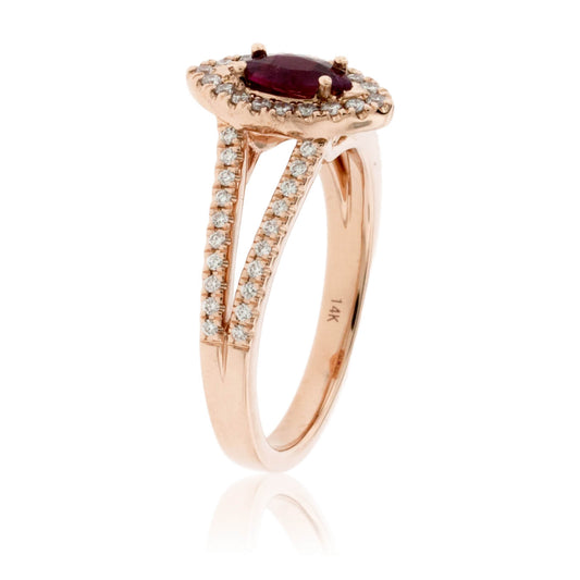 Marquise Shaped Red Emerald and Diamond Halo Style Splint Shank Ring - Park City Jewelers