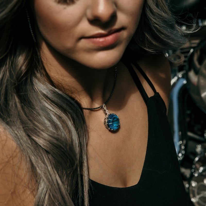 Millennial Cut Round Blue Topaz and Diamond Necklace in White Gold - Park City Jewelers