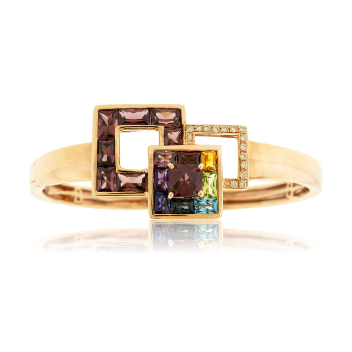 Mixed Gemstone, Garnet, & Diamond Square Flexing Bangle Bracelet - Park City Jewelers
