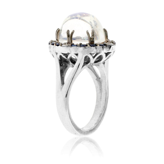 Moonstone Cabochon with Sapphire & Diamond Halo Ring - Park City Jewelers