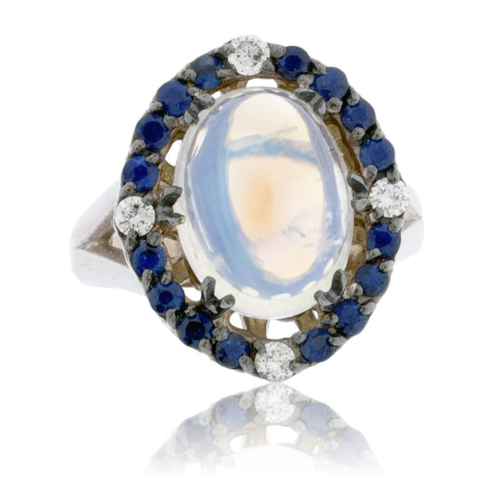 Moonstone Cabochon with Sapphire & Diamond Halo Ring - Park City Jewelers