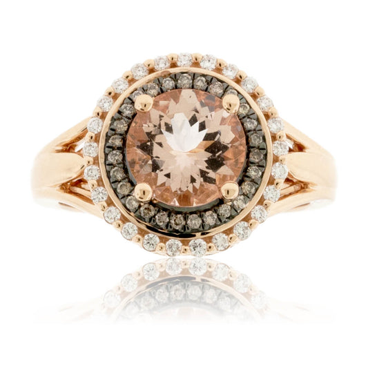 Morganite with Diamond and Brown Diamond Double Halo Ring - Park City Jewelers