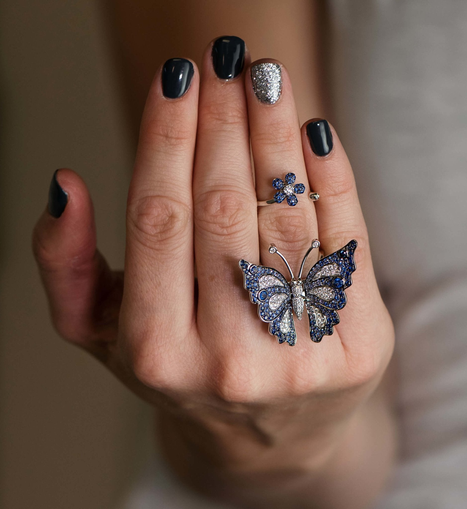 Moving Blue Sapphire Butterfly Two Knuckle Ring