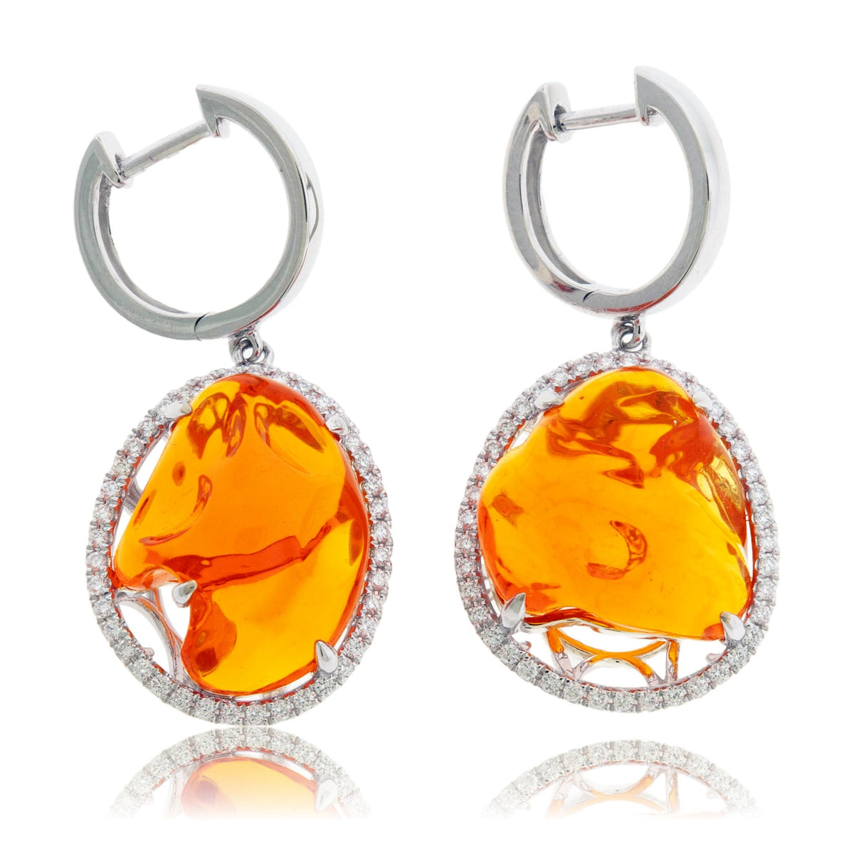 Natural Fire Opal & Diamond Halo Dangle Earrings - Park City Jewelers