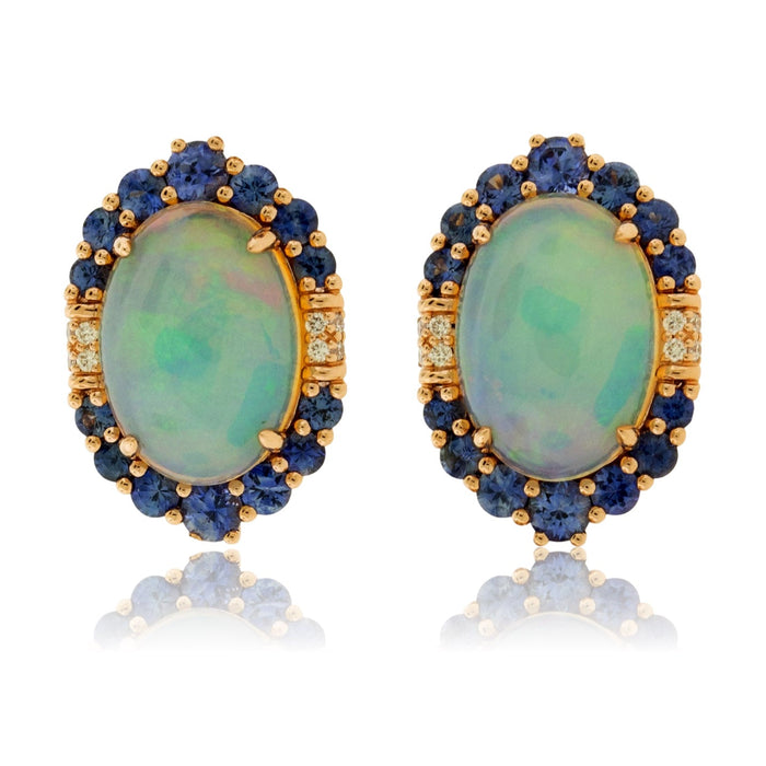 Opal Cabochon with Sapphire Halo and Diamond Accented Stud Earrings - Park City Jewelers