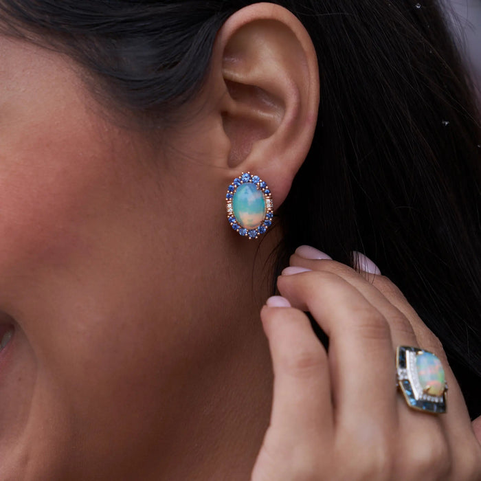 Opal Cabochon with Sapphire Halo and Diamond Accented Stud Earrings - Park City Jewelers