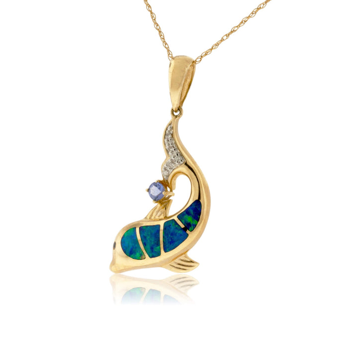 Opal Inlay, Tanzanite & Diamond Dolphin Swimming Pendant - Park City Jewelers