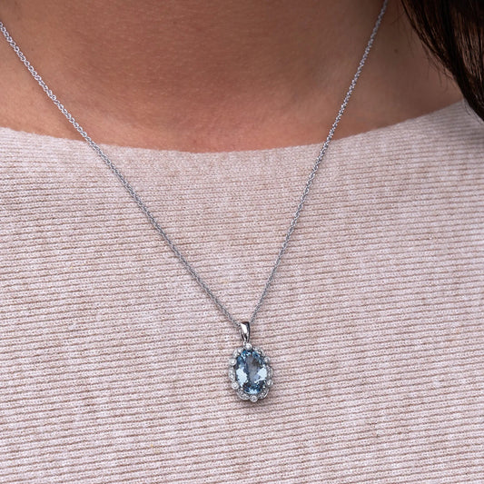 Oval Aquamarine and Diamond Scalloped Halo Pendant w/Chain - Park City Jewelers