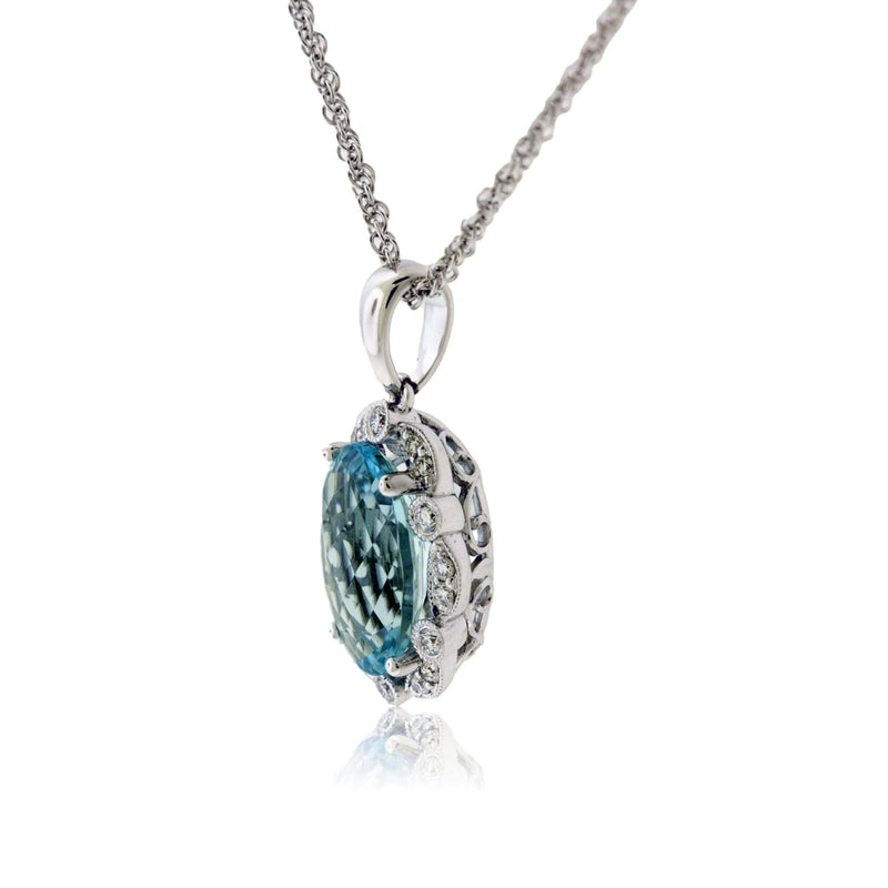 Oval Aquamarine and Diamond Scalloped Halo Pendant w/Chain - Park City Jewelers