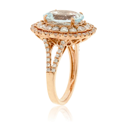 Oval Aquamarine and Scalloped Double Halo Diamond Ring - Park City Jewelers