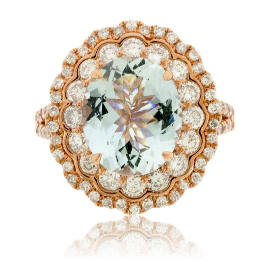 Oval Aquamarine and Scalloped Double Halo Diamond Ring - Park City Jewelers