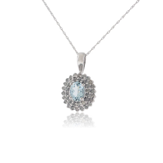 Oval Aquamarine & Classic Double Diamond Halo Pendant - Park City Jewelers