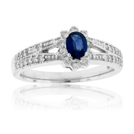 Oval Blue Sapphire & Diamond Classic Halo Split Shank Ring - Park City Jewelers