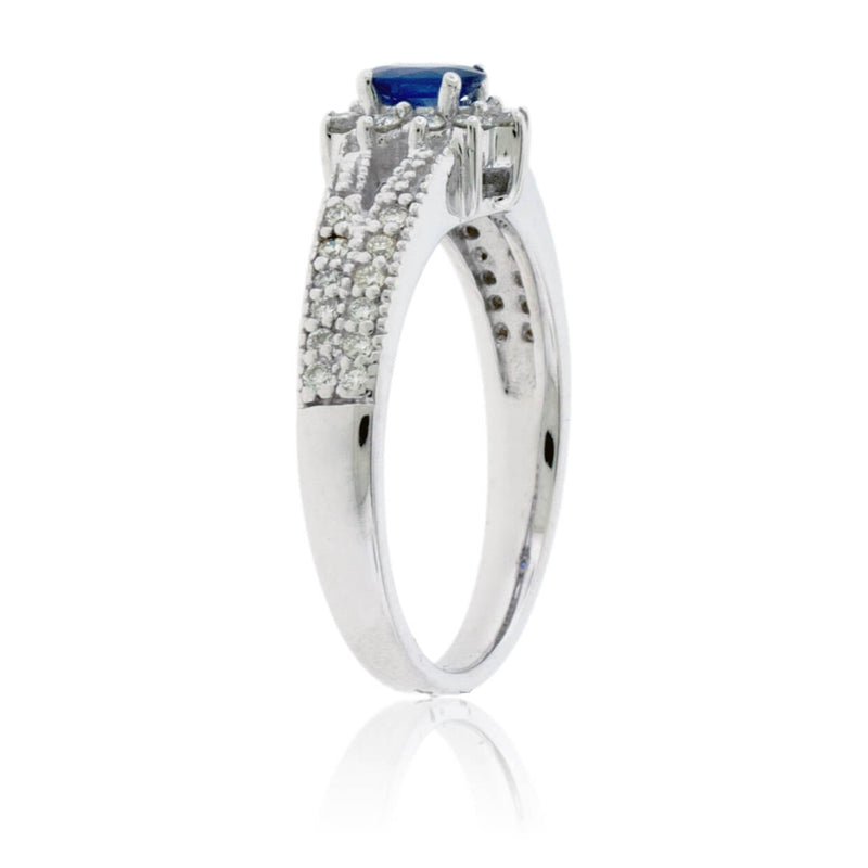 Oval Blue Sapphire & Diamond Classic Halo Split Shank Ring - Park City Jewelers