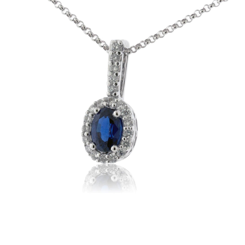 Oval Blue Sapphire & Diamond Halo Pendant - Park City Jewelers