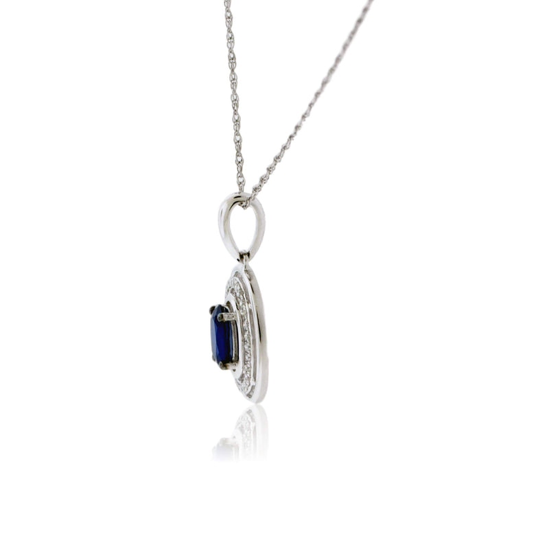 Oval Blue Sapphire with Diamond & White Gold Halo Pendant - Park City Jewelers
