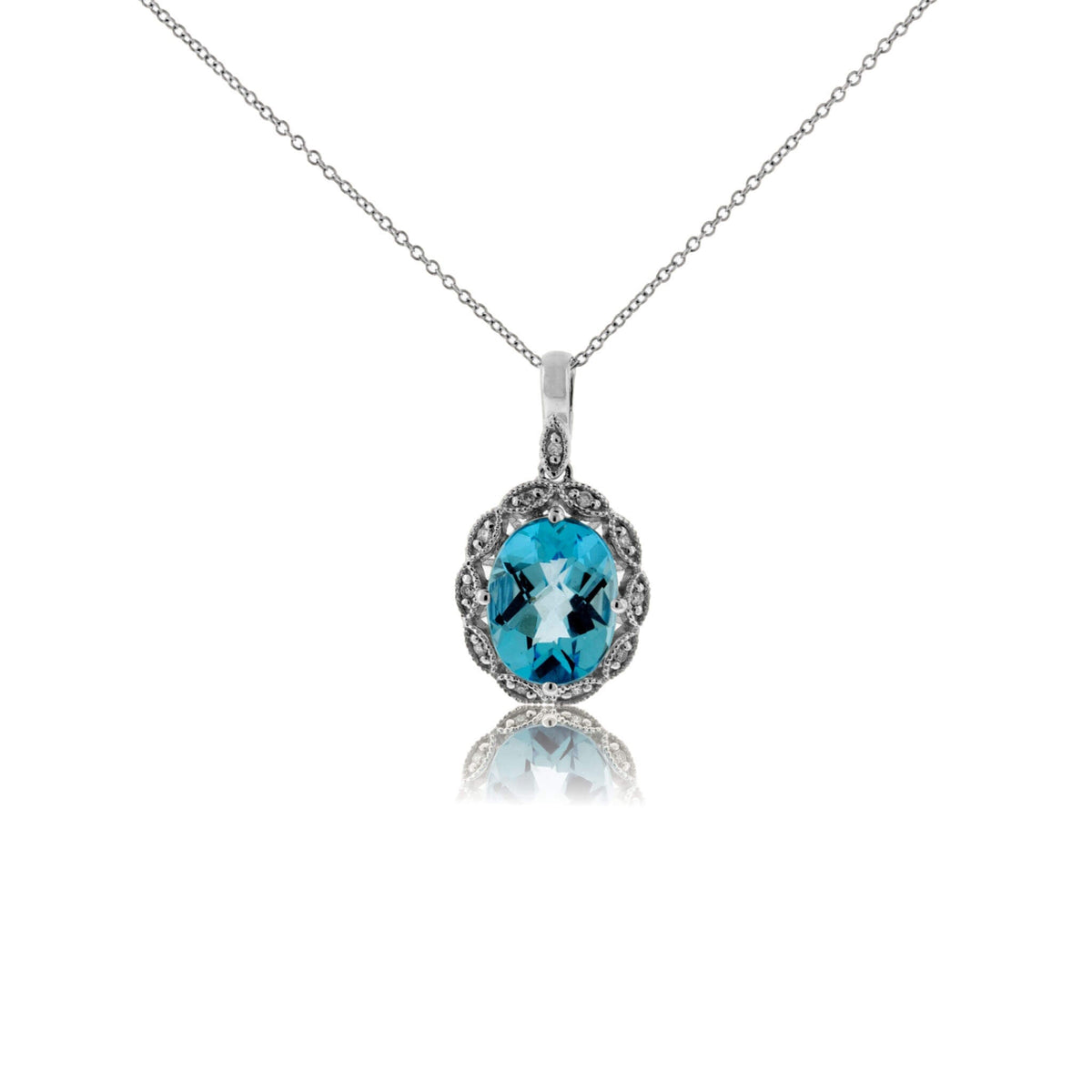 Oval Blue Topaz & Diamond Scalloped Halo Pendant - Park City Jewelers