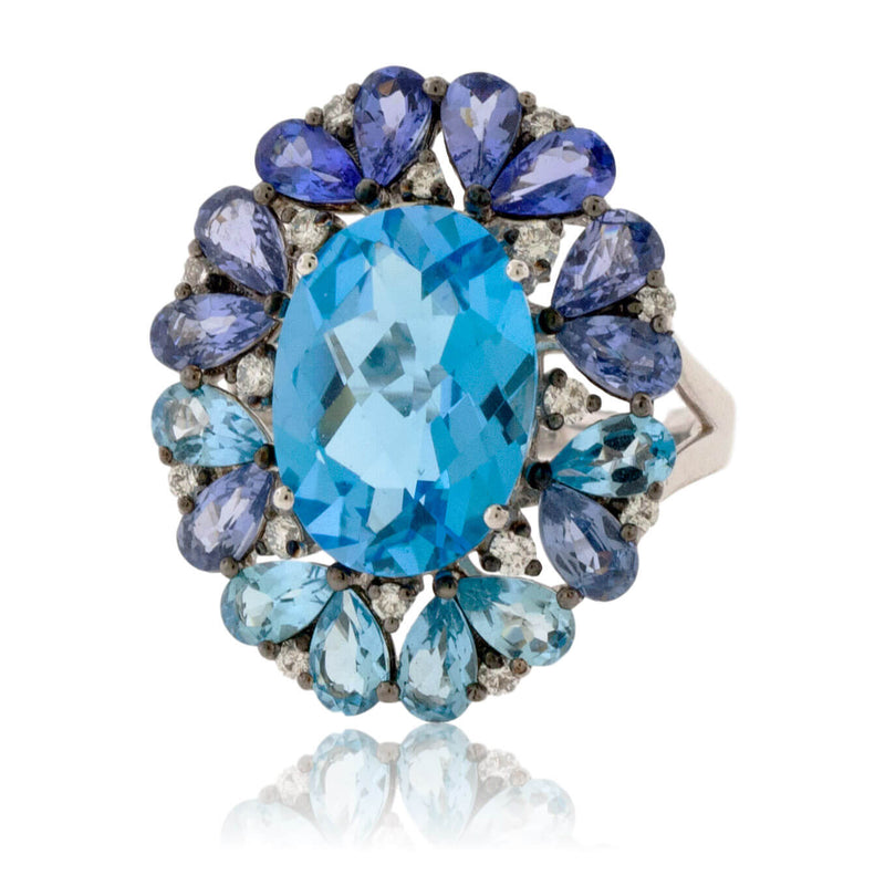 Oval Blue Topaz with Pear Tanzanite & Sapphire Halo Ring - Park City Jewelers
