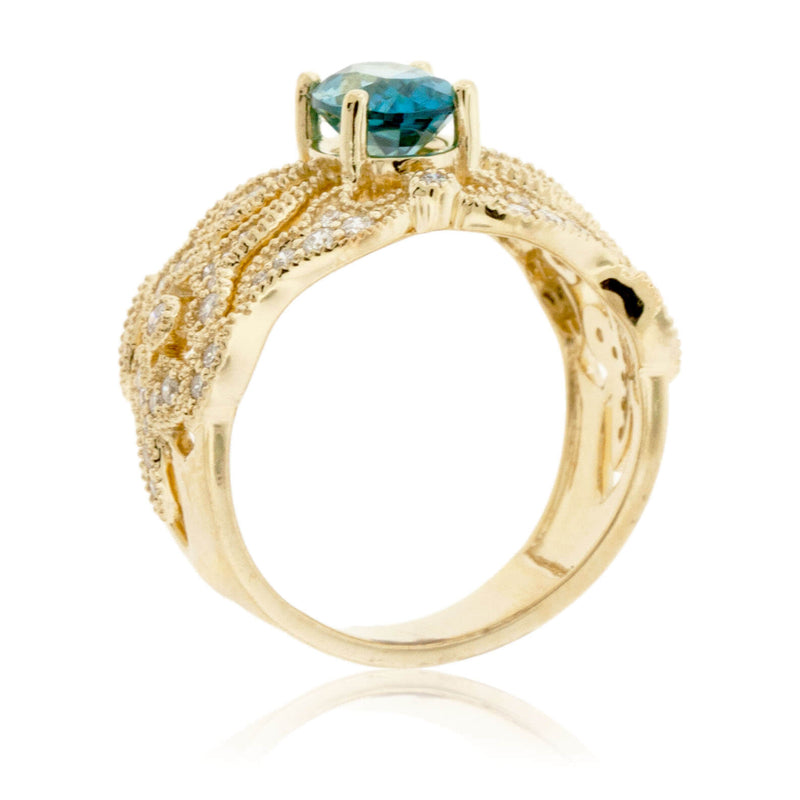 Oval Blue Zircon & Diamond Filigree Style Ring - Park City Jewelers