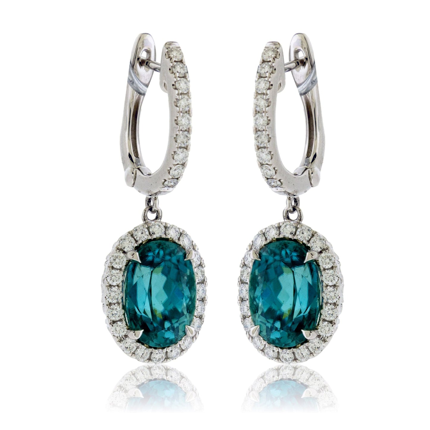 Oval Blue Zircon & Diamond Halo Dangle Earrings - Park City Jewelers