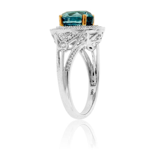 Oval Blue Zircon & Diamond Halo Ring - Park City Jewelers