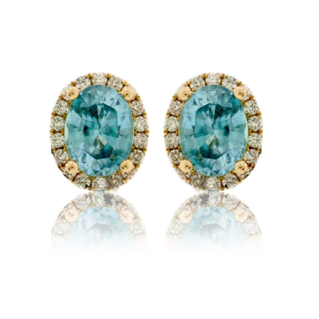 Oval Blue Zircon & Diamond Halo Stud Post Earrings - Park City Jewelers