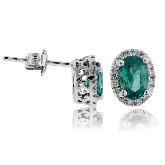 Oval Blue Zircon & Diamond Halo Stud Post Earrings - Park City Jewelers