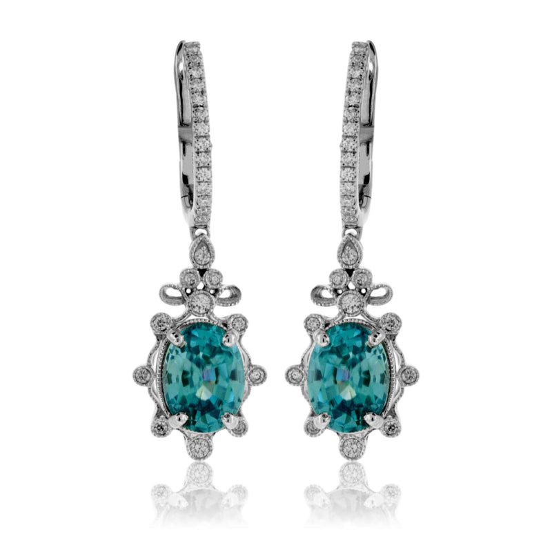 Oval Blue Zircon & Diamond Milgrain Dangle Earrings - Park City Jewelers
