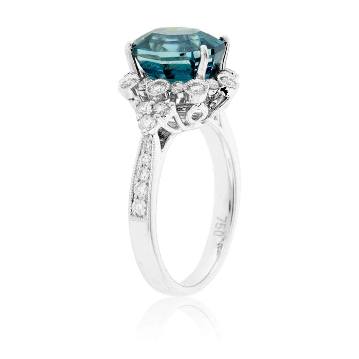 Oval Blue Zircon Halo and Diamond Accented Ring - Park City Jewelers