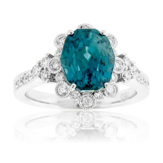 Oval Blue Zircon Halo and Diamond Accented Ring - Park City Jewelers