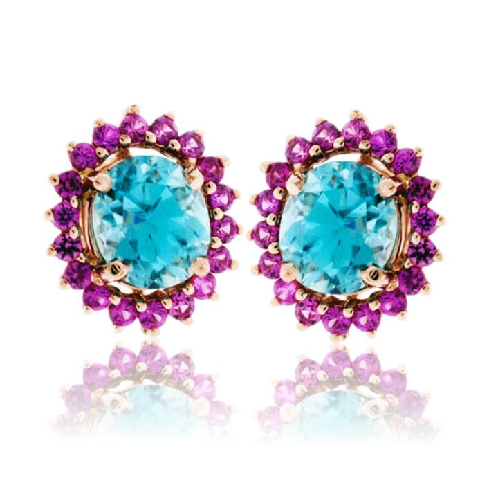 Oval Blue Zircon & Pink Sapphire Classic Halo Post Earrings - Park City Jewelers
