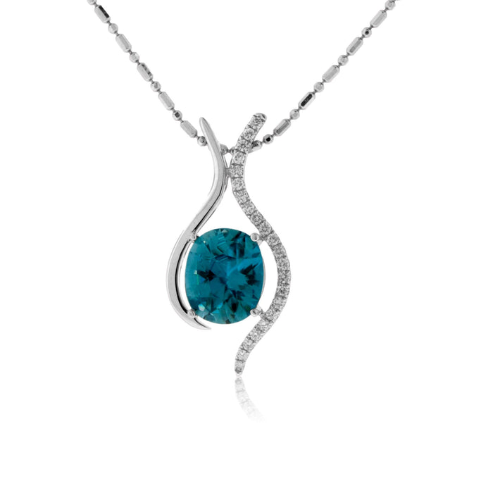 Oval Blue Zircon with Diamond Outline Pendant - Park City Jewelers