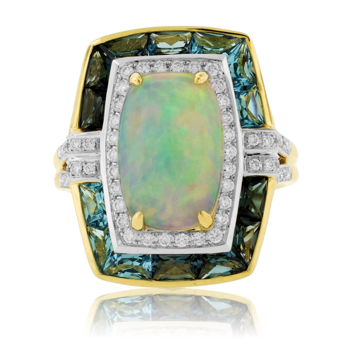 Oval Cabochon Opal Ring with Blue Topaz & Diamond Halo - Park City Jewelers