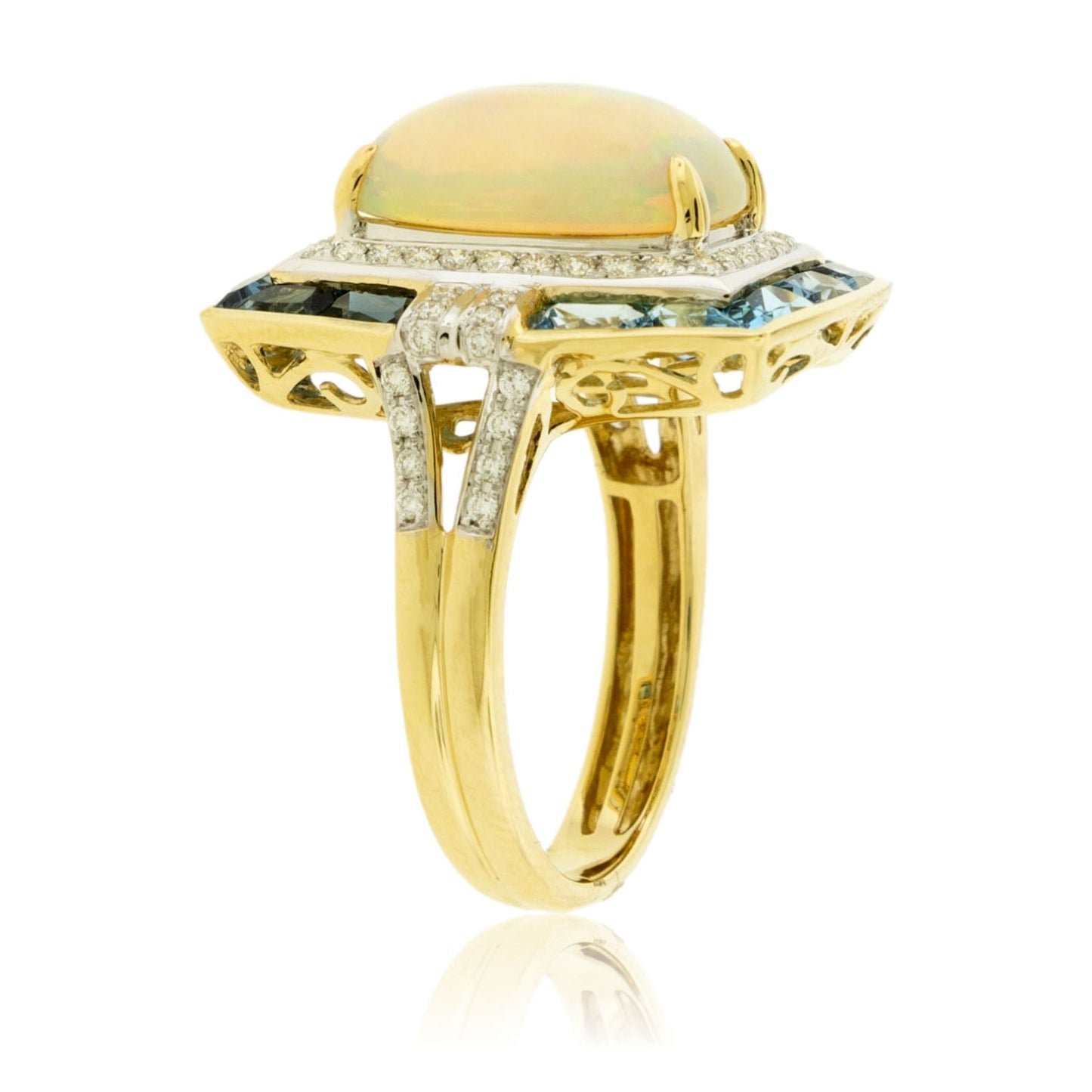Oval Cabochon Opal Ring with Blue Topaz & Diamond Halo - Park City Jewelers