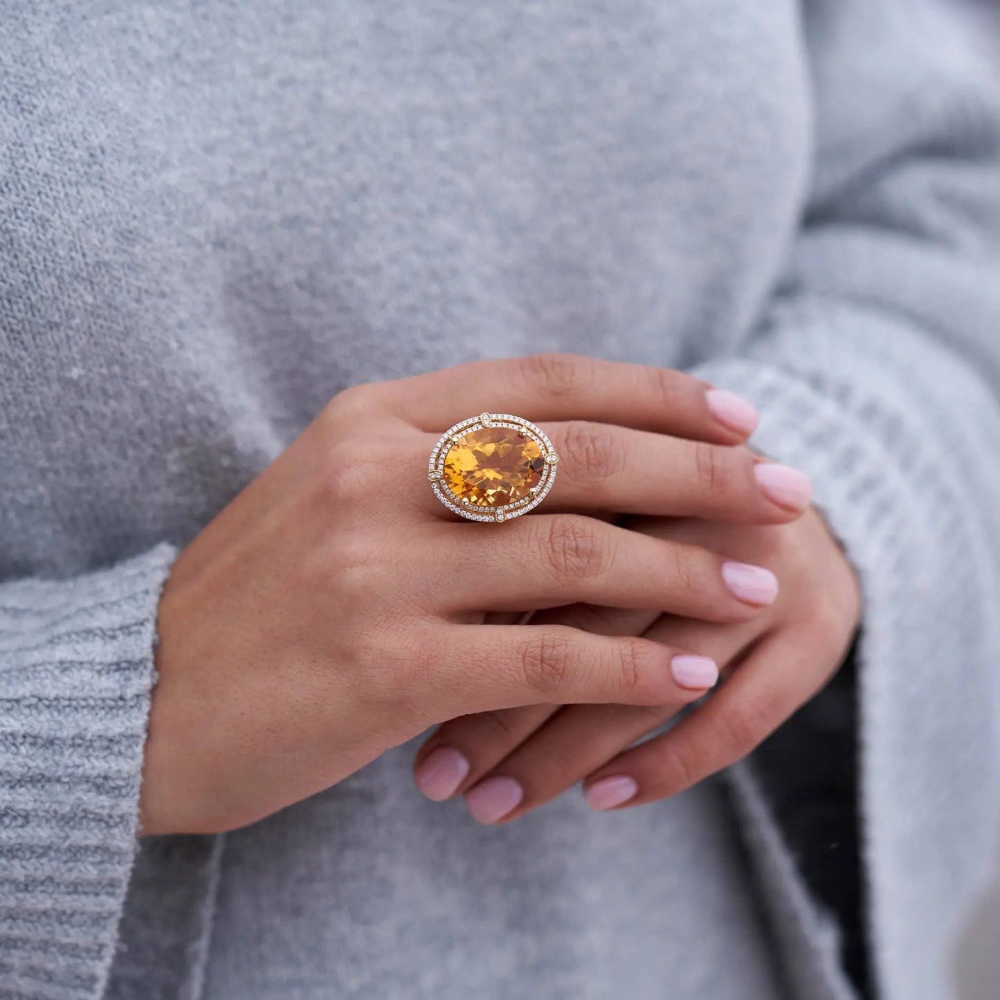 Oval Citrine & Double Diamond Halo Ring in Yellow Gold - Park City Jewelers